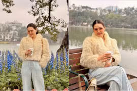 Hot mom Phanh Lee thảnh thơi ngồi cà phê bên Hồ Hoàn Kiếm, ngắm phố phường