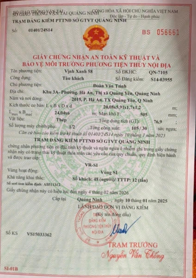 Ảnh chụp giấy chứng nhận an toàn kỹ thuật và bảo vệ môi trường phương tiện thủy nội địa. Nguồn cung cấp: Cục đăng kiểm Việt Nam. vinhxanh2-8569.jpg