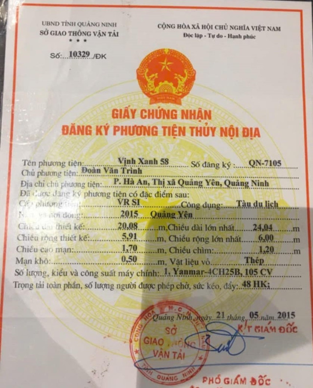 Ảnh chụp Giấy chứng nhận đăng ký phương tiện thủy nội địa. Nguồn cung cấp: Cục đăng kiểm Việt Nam. vinhxanh1-7453.jpg