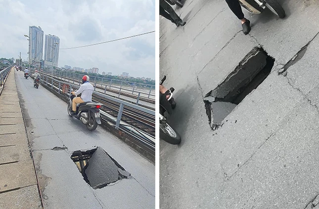 Cận cảnh lỗ thủng lớn xuất hiện giữa cầu Long Biên ở Hà Nội