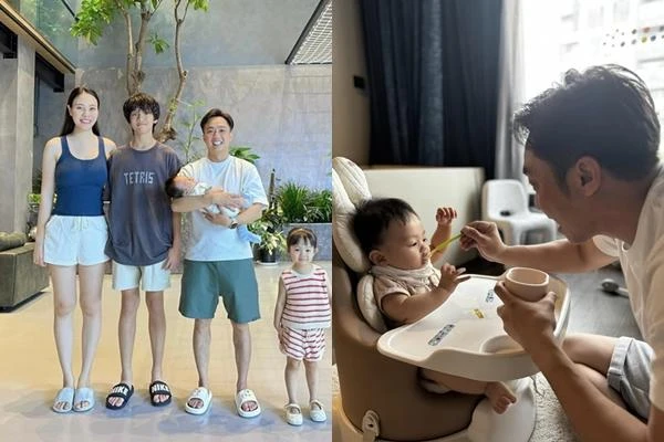 Xả vai "chủ tịch", Cường Đô La hóa bố bỉm cho quý tử ăn dặm