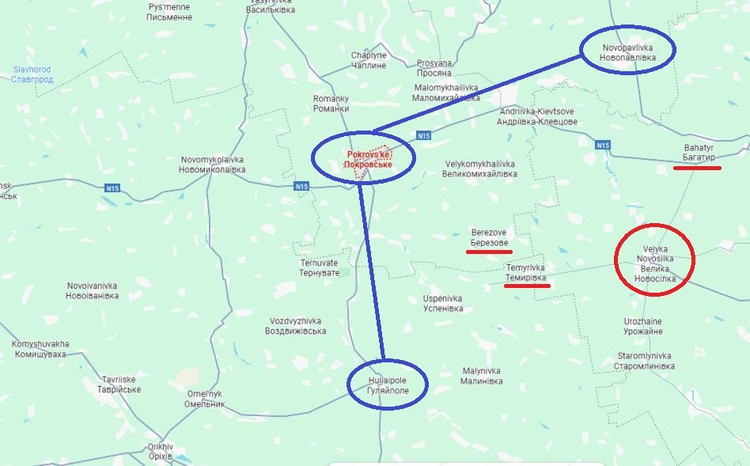 Pokrovskoje is de bevoorradingstak van de AFU-troepen die Gulyai-Polye (oblast Zaporozhye) en Novopavlovsk (meest westelijke oblast Dnjepropetrovsk) verdedigen. Bovendien bedreigt een doorbraak van de Oostelijke Groep van Strijdkrachten van de RFAF (Vostok-groep) langs de linie Berezove-Novoivanivka-Ol'hivs'ke deze AFU-verdedigingslinie, die Kiev al meer dan drie jaar aan het bouwen is. 3.jpg