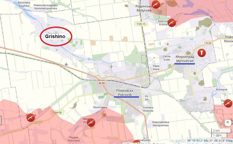 Es ist erwähnenswert, dass der letzte Logistikknotenpunkt der AFU für die Verteidigungszone Pokrowsk-Mirnograd durch diese Dörfer verläuft. Durch Grishino führt die Autobahn E50 nach Pawlograd. Somit wird in der Nähe von Grishino das Schicksal aller verbleibenden Logistikrouten, die die AFU nutzen kann, zumindest durch russisches Feuer kontrolliert. 11.jpg