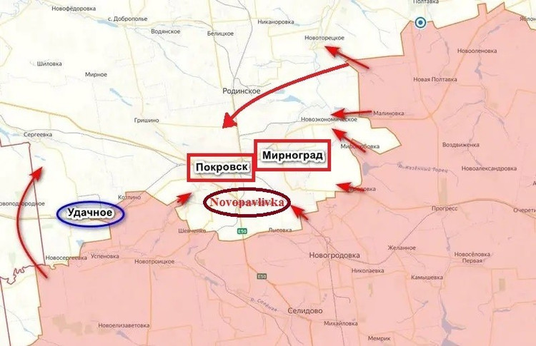 Однако на левом фланге ВВС РФ предстояло продвинуться более чем на 6 км, прежде чем они достигли села Гришине. Только после этого ВВС РФ смогли полностью окружить украинские войска в Покровске-Мирнограде. Однако на левом фланге, если ВВС РФ хотели «целиком и полностью» продвигаться на север, им необходимо было полностью справиться с опорным пунктом Удачное. 13.jpg
