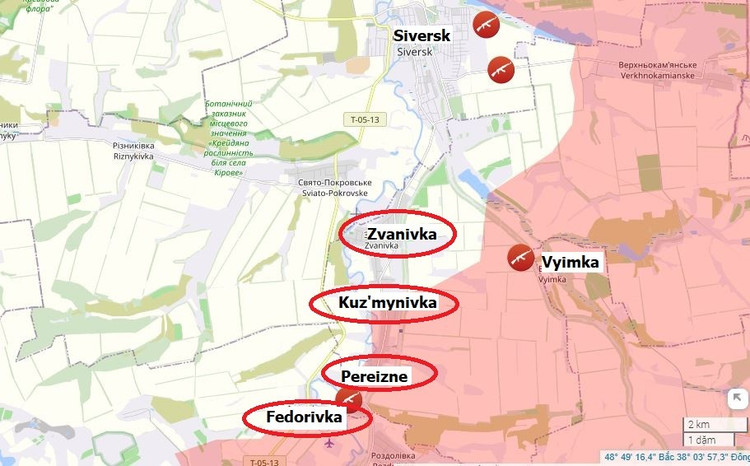 Předmostí Fedorivka na jihu bylo rozšířeno a RFAF nyní postupuje východně od Seversku, poblíž řeky Suchaja Plotva. Ruské jednotky také ovládly pozice poblíž jezera Poselkovyj. Další útok probíhá ze Seversku Malého, odlehlé části města na řece Severský Donec, kterou dříve kontrolovaly RFAF. 2-6310.jpg