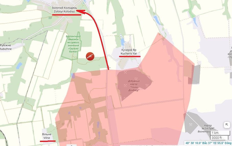 Tegelijkertijd rukten de Russen ten westen van Shahove op en vielen vanuit Kucheriv Yar in drie richtingen aan: in het noorden drongen ze Vesele binnen en rukten ze enkele kilometers op langs drie bosgebieden; in het westen blokkeerden ze de Oekraïense aanvoerroute naar Kucheriv Yar en bereikten ze bijna de oostelijke buitenwijken van Zolotyi Kolodyaz; in het oosten rukten ze ook 2,5 kilometer op. 3.jpg