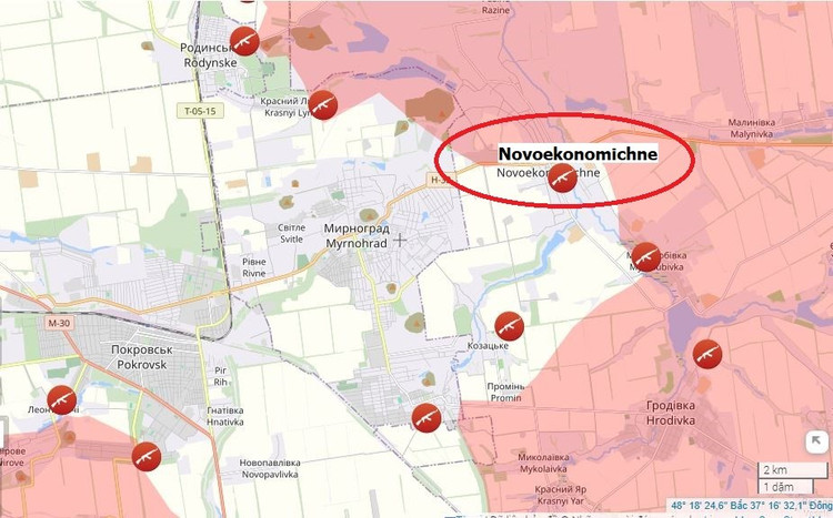 De meest recente kaarten van het slagveld laten zien dat de Russen de volledige controle hebben overgenomen over het dorp Novoekonomichne, dat wordt beschouwd als de oostelijke buitenwijk van de stad Pokrovsk. De RFAF zal deze plek gebruiken als bruggenhoofd voor een grootschalige aanval op Myrnohrad. 4.jpg