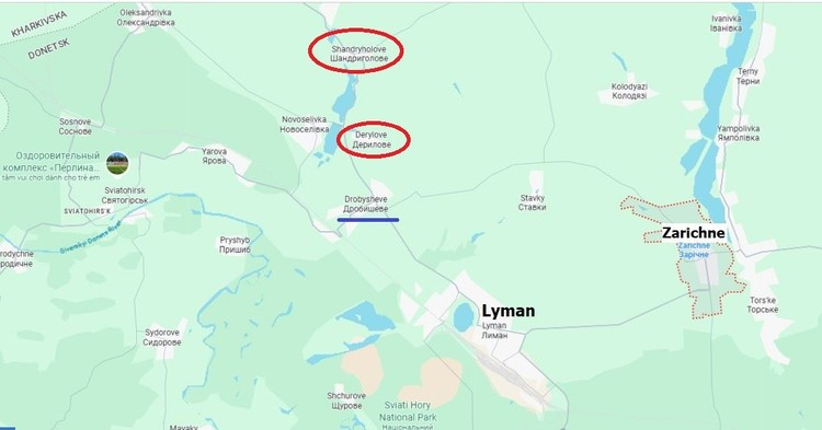 Tentera Rusia (RFAF) menawan kampung Zarichne (Kirovsk dalam bahasa Rusia) dan kawasan sekitarnya; Oleh itu, sebenarnya, RFAF menghampiri Lyman dari timur laut, sejak dari Lyman ke Zarichne, walaupun 7 km, kawasan antara kedua-dua kedudukan ini terbuka sepenuhnya. 1.jpg