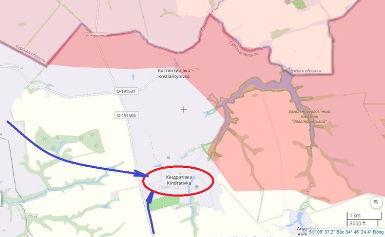 Am 12. Juli verbreiteten sich unter den Nutzern des russischen sozialen Netzwerks Telegram alarmierende Informationen über die schwierige Lage der russischen Heeresgruppe Nord in Kindratiwka. Gerüchte über einen mächtigen Angriff der ukrainischen Armee (AFU) auf die Flanke der russischen Truppen in Kindratiwka aus den Dörfern Jastrubyne und Stepne, der die russischen Truppen praktisch von hinten abgeschnitten habe, verbreiteten sich in den sozialen Netzwerken rasant. 1.jpg