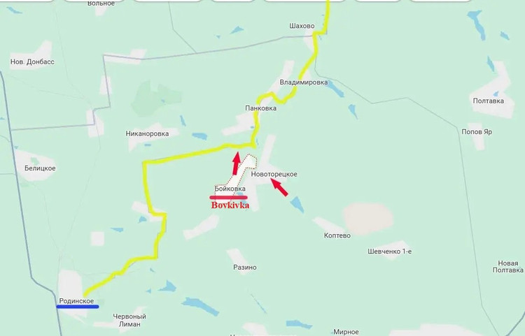 The route (marked in yellow on the map) Pokrovsk-Rodinskoye-Mayak-Shakhovo-Druzhkovka-Kramatorsk is used by the AFU to enable rapid troop movements between Pokrovsk and Konstantinovsk. It also enables rapid movement of reserves from Slavyansk and Kramatorsk to Pokrovsk and Mirnograd. 8.jpg