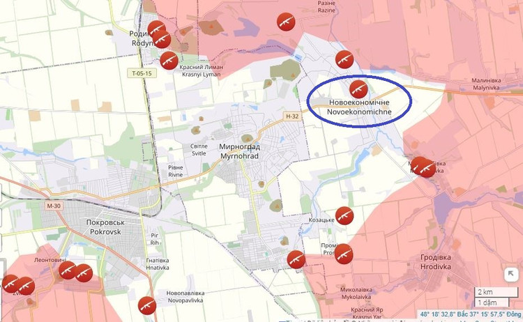 Media Ukraina melaporkan bahwa rekaman yang diberi tag geografis dari penyerbuan dua unit AFU ke desa Novoekonomichne, sebelah timur Myrnohrad, diunggah di Internet; bahkan beberapa saluran Telegram militer Rusia mengklaim bahwa desa tersebut telah pindah ke 12.jpg
