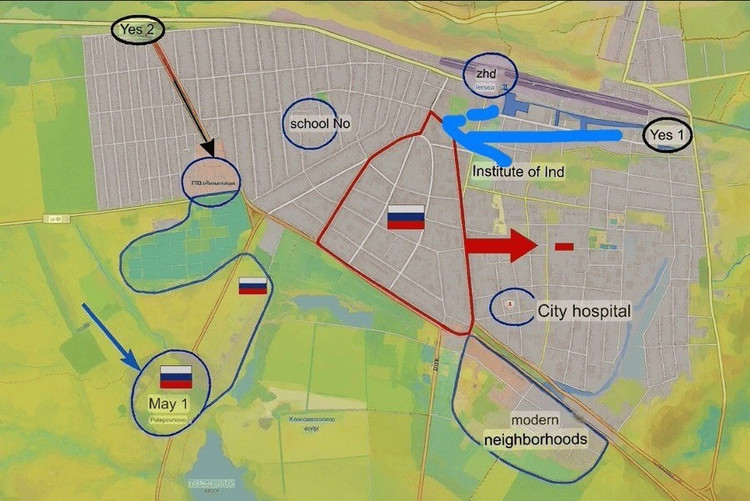 Menurut koresponden perang Rusia Kotenok, pasukan Ukraina masih berada di pinggiran timur Troyanda. Di wilayah Yubileynaya, unit-unit Rusia telah maju ke Jalan Tsvetochnaya (kompleks olahraga Olimpiets), menduduki distrik Parkovy, dan mengonsolidasikan posisi mereka di gedung-gedung tinggi di sisi barat di bagian selatan distrik Lazurny. 8.jpg