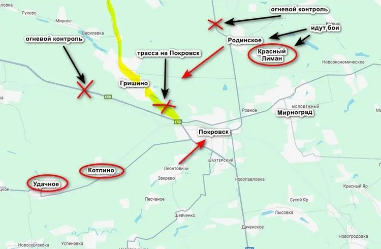 Eine Aufklärungseinheit der Zentralen Streitkräftegruppe der Russischen Föderation berichtete, dass sie die Route über Grishino nach Pokrowsk mit FPV-Drohnenfeuer vollständig unter Kontrolle hatte. Und das, obwohl der Feind Drohnenabwehrnetze auf den Straßen aufgestellt hatte, die einen scheinbar sicheren Korridor bis nach Pokrowsk schufen. 2.jpg