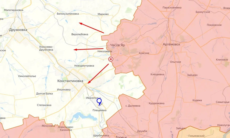El control ruso de Chasovy Yar ha cambiado significativamente la situación en la zona de Konstantinovsky. La captura de la mayor fortaleza ucraniana ha abierto un amplio espacio de operaciones para la RFAF y le ha permitido avanzar en al menos tres direcciones: noroeste, oeste y suroeste de la ciudad. (Fuente de la foto: Military Review, Ukrinform, Kyiv Post, TASS). 15-6888.jpg