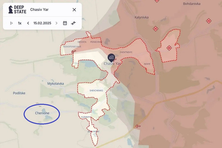 In Richtung des Dorfes Tscherwone ist die ukrainische Verteidigung schwieriger, da das Dorf in einer Senke liegt, während die russische Armee die höher gelegenen Punkte im Westen kontrolliert und somit auch dieses Dorf kontrollieren kann. Daher lässt sich auch hier die Zukunft der ukrainischen Verteidigung leicht vorhersagen. 5-3247.jpg