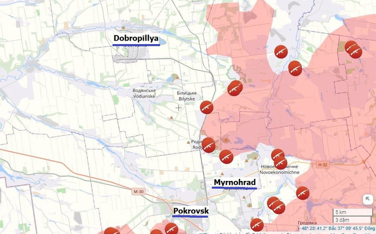 En el triángulo Dobropillya-Pokrovsk-Myrnohrad, el Estado Mayor de la RFAF prepara una nueva ofensiva, mientras que el Estado Mayor de las Fuerzas Armadas de Ucrania intenta construir una línea defensiva. El canal RVvoenkory informó que la aldea de Nikanorivka ha vuelto a estar bajo el control de las tropas rusas. 4-8772.jpg