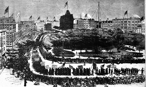 Cuộc diễu hành Ngày Lao động đầu tiên diễn ra tại vùng Union Square, thành phố New York, vào ngày 5/9/1882. Ảnh: Wikipedia.