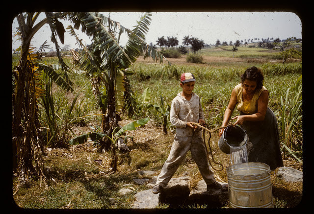 Những bức ảnh hiếm nói về cuộc sống thường nhật ở Cuba hồi những năm 1950. Ảnh: Một bé trai và người phụ nữ đang lấy nước từ giếng.
