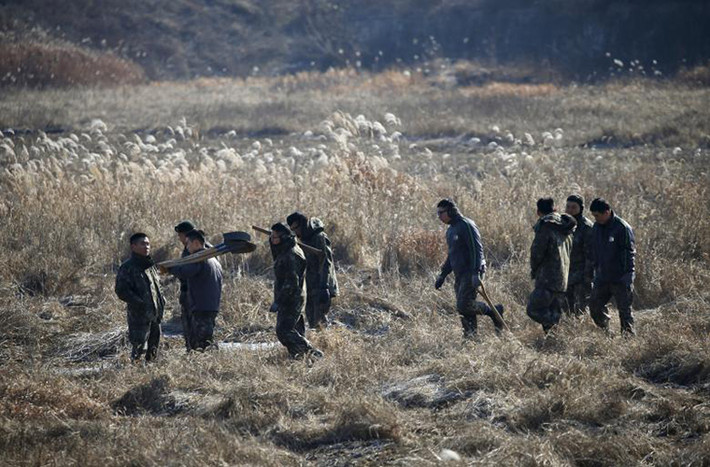 Các binh sĩ Hàn Quốc đi qua một cánh đồng lúa ở phía nam khu DMZ hồi tháng 1/2016. Ảnh: Reuters.