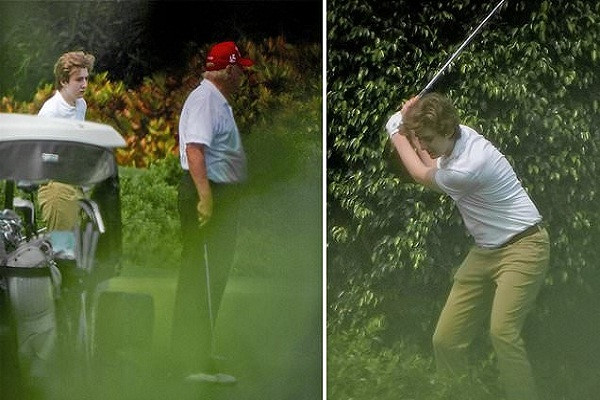 Cựu Tổng thống Trump và con trai Barron cũng được nhìn thấy trò chuyện với những người khác tại sân golf. Ảnh: Daily Mail.