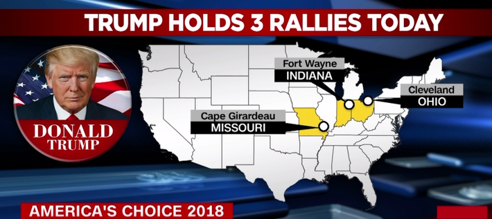 Theo CNN, Tổng thống Trump tổ chức 3 cuộc vận động cho các ứng viên Đảng Cộng hòa tại 3 bang Ohio, Indiana và Missouri trong ngày 5/11, một ngày trước khi cuộc bầu cử giữa nhiệm kỳ tại Mỹ chính thức diễn ra. Ảnh: CNN.