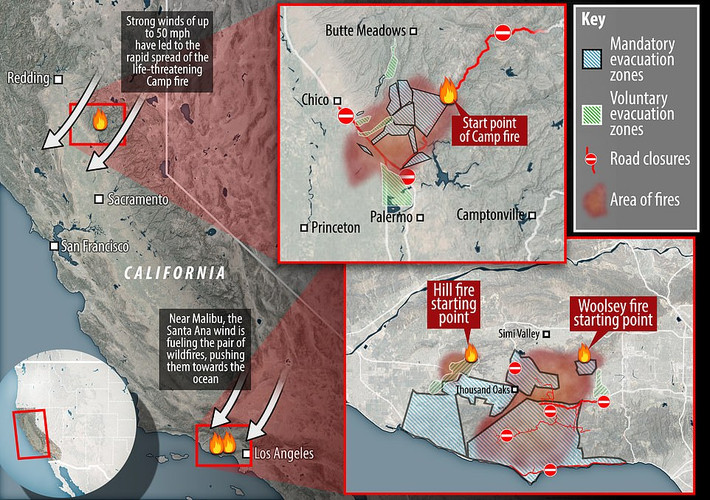 Theo Daily Mail, bang California chìm trong biển lửa vì 3 đám cháy rừng dữ dội đang hoành hành, trong đó có 2 đám cháy ở phía nam bang này và một ở miền bắc. Ảnh: Daily Mail.