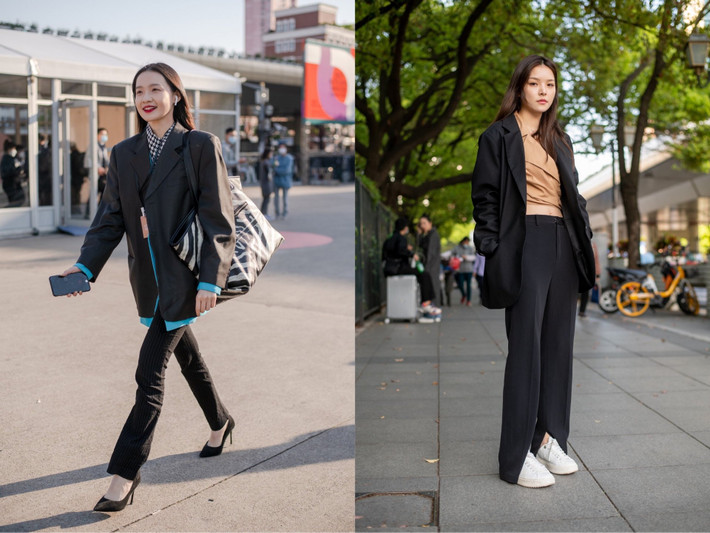 4. Phái nữ ưa chuộng phong cách menswear: Những set đồ màu đen với áo blazer và quần suông chưa bao giờ lỗi mốt. Chỉ cần kết hợp với một chiếc áo croptop hoặc áo sơmi hoạ tiết độc đáo bên trong là các cô nàng có thể tự tin xuống phố với một diện mạo cực cool ngầu.