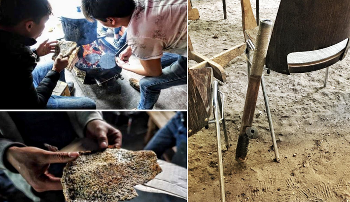 Bánh đa Đô Lương, đặc sản xứ Nghệ, được nhóm của bà Vũ và bà Loan của Pacific Links Foundation đem tới cho các dân di cư. Theo hai chuyên gia, những người di cư rất vui khi ăn bánh sau khi hơ trên lửa. Ảnh: Mimi Vũ.