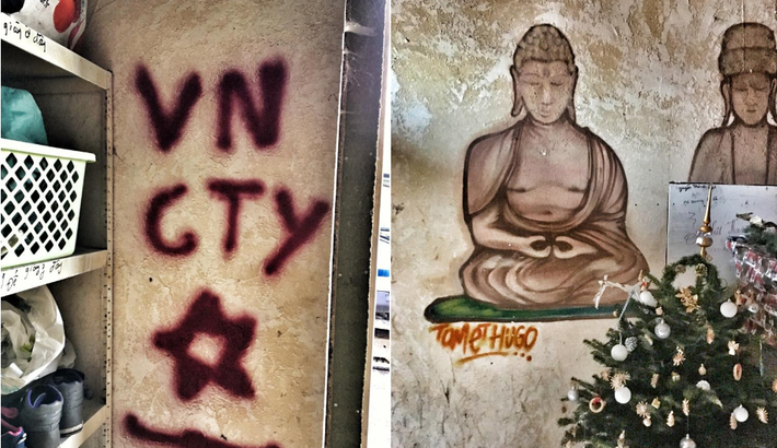 Tường vẽ chữ “VN City” và cây thông Noel. Cây thông Noel và mô hình cảnh Chúa giáng sinh là quà tặng của người dân địa phương, mà nhiều di dân từ Nghệ An theo đạo Thiên Chúa rất trân trọng. Ảnh: Mimi Vũ.