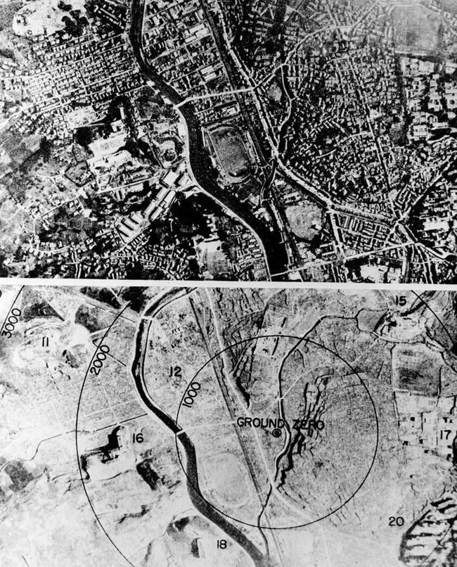 Thành phố Nagasaki, Nhật Bản trước và sau khi bị thả bom nguyên tử.