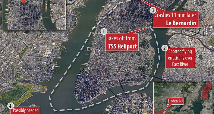Theo Daily Mail, vụ trực thăng đâm nóc nhà cao tầng xảy ra tại trung tâm Manhattan, New York, Mỹ, vào khoảng 14 giờ chiều 10/6 (giờ địa phương). (Nguồn ảnh: Daily Mail)
