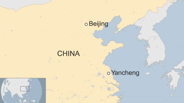 Địa điểm xảy ra vụ nổ tại thành phố Diêm Thành, tỉnh Giang Tô, Trung Quốc, trên bản đồ. Ảnh: BBC.