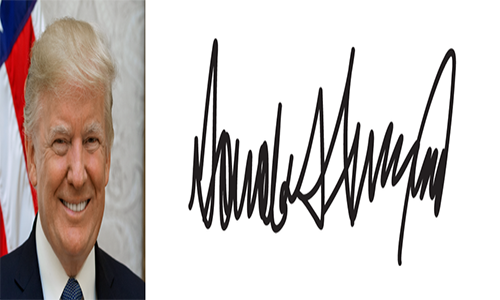 Còn đây là chữ ký của đương kim Tổng thống Mỹ Donald Trump, nhậm chức từ ngày 20/1/2017.