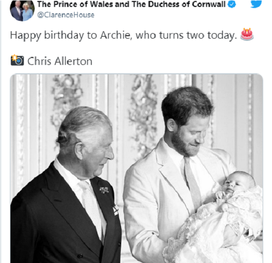 Bài đăng chúc mừng sinh nhật Archie trên tài khoản mạng xã hội của Thái tử Charles và bà Camilla, nữ Công tước xứ Cornwall.