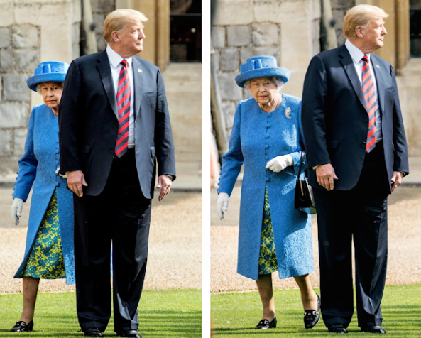 Chưa hết, trong chuyến thăm tới Anh hồi tháng 7/2018, Tổng thống Trump bị cho là phá vỡ các quy tắc Hoàng gia khi không cúi đầu chào Nữ hoàng và đi trước mặt Nữ hoàng trong nghi lễ duyệt đội danh dự. Ảnh: BLS.