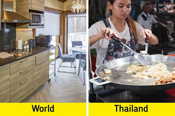 Hầu hết các ngôi nhà và căn hộ ở Thái Lan không có nhà bếp bên trong. Thứ nhất là vì thực phẩm địa phương thường rất có mùi. Do vậy, một số người chọn nấu ăn ngoài ban công. Ngoài ra, việc mua thức ăn đường phố ở Thái Lan thường tiện lợi và rẻ hơn. Trong khi đó, căn hộ ở Thái Lan có diện tích khá nhỏ, các thiết bị nhà bếp sẽ chiếm nhiều diện tích.