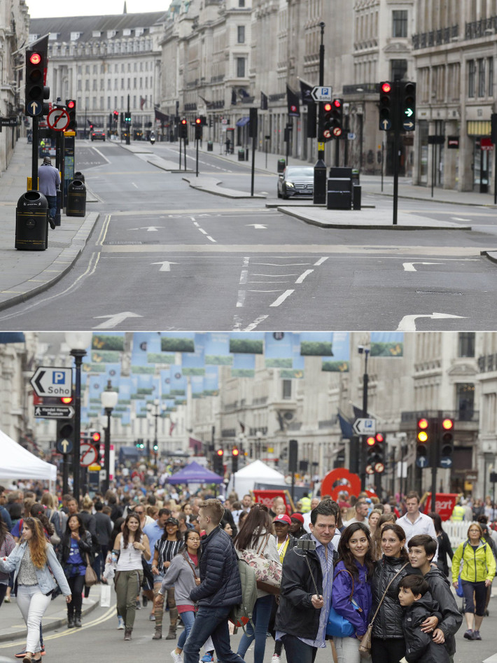 Phố Regent ở London chật kín người ngày 17/7/2015 (ảnh dưới), khác hẳn với cảnh vắng lặng hôm 1/4/2020 (ảnh trên).