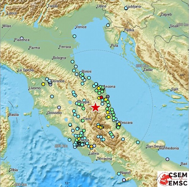 Tâm chấn của trận động đất nằm ở độ sâu 10km, cách thành phố Perugia khoảng 65 km về phía đông nam. Ảnh: Daily Mail.