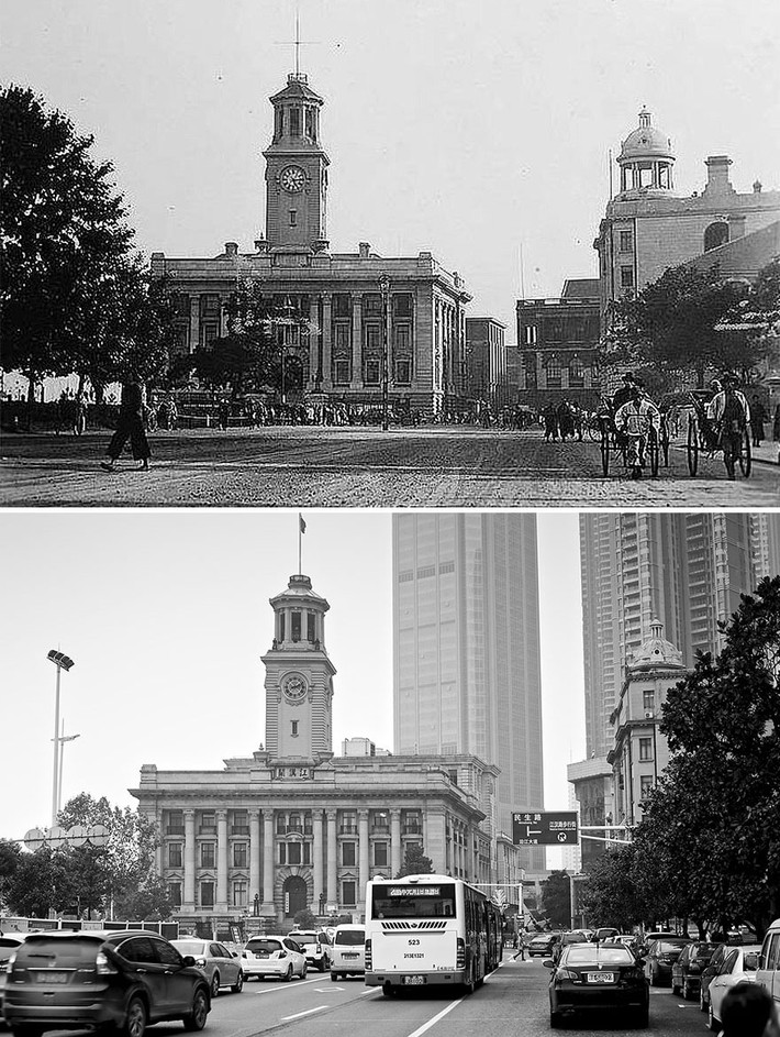 Vũ Hán năm 1927 và 2016. Có thể thấy trong năm 2016, thêm nhiều tòa nhà cao tầng được xây dựng tại thành phố này.