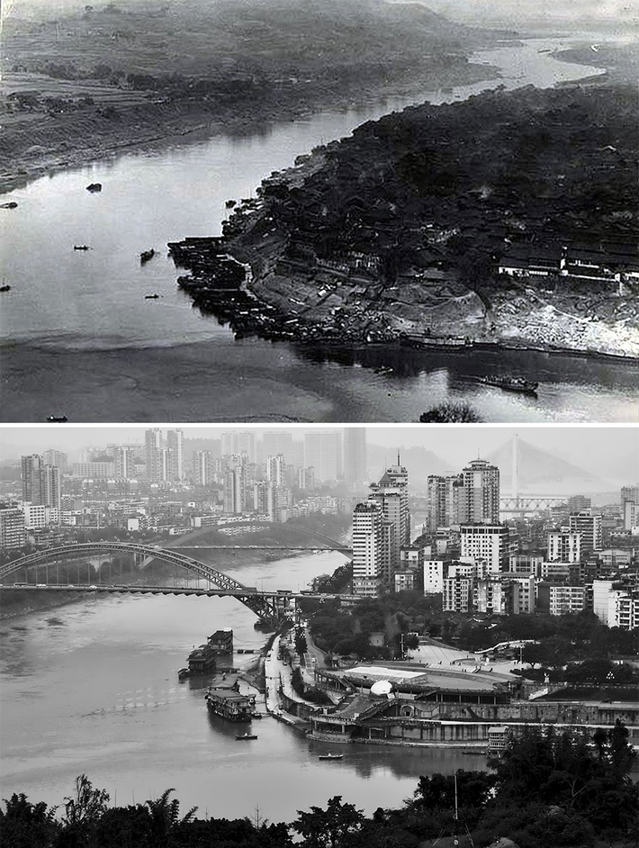 Nghi Tân "lột xác" ngoạn mục trong bức ảnh chụp năm 1940 và 2016. Nơi đây thường được biết đến là "thị trấn đầu tiên" trên sông Dương Tử.