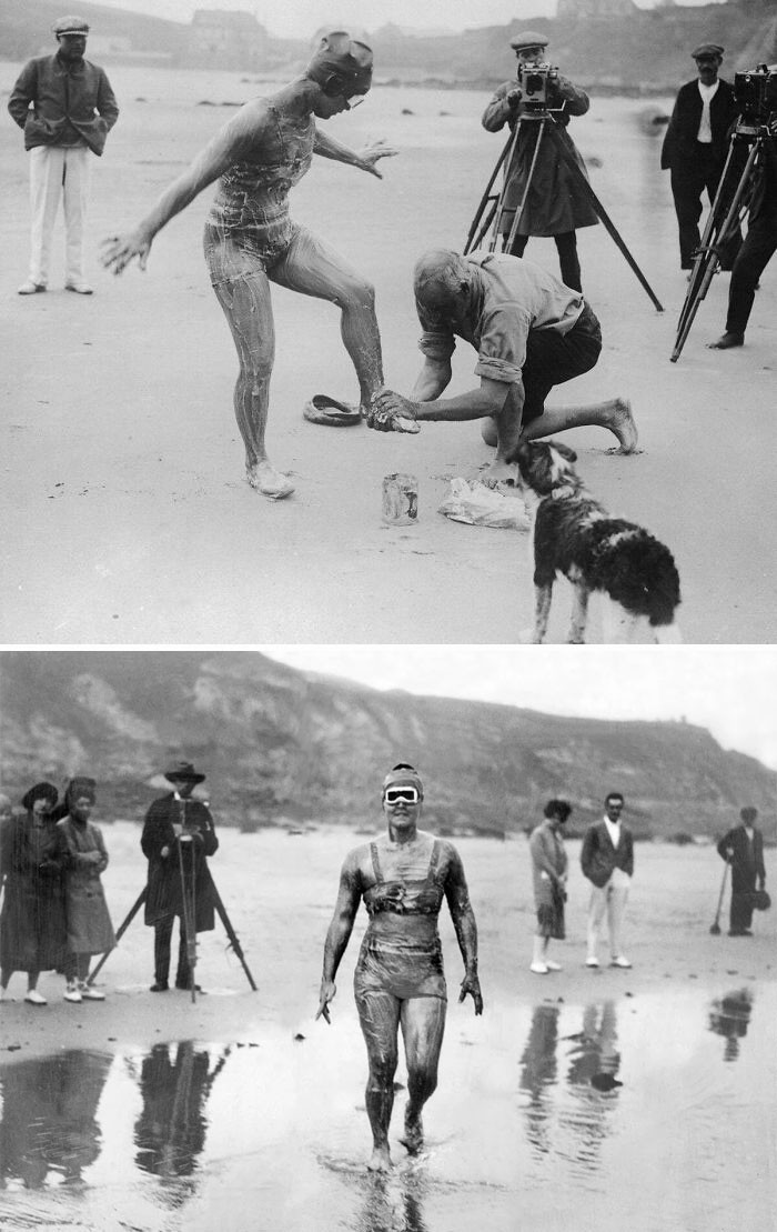 Vào ngày 26/8/1926, Gertrude Ederle trở thành người phụ nữ đầu tiên vượt eo biển Manche, hoàn thành trong 14 giờ 31 phút, phá vỡ kỷ lục của nam giới là 16 giờ 33 phút. Ảnh chụp trong ngày cô lập kỷ lục.