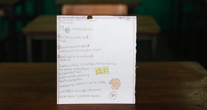Nội dung trong bức tranh cho thấy em hoc sinh này không có gì cho bữa sáng và bữa tối; bữa trưa chỉ có bánh mì, bơ và nước. Mỳ ống, bánh ngọt là những món ăn yêu thích của em.