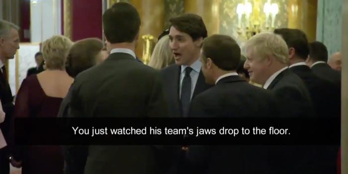 Tiếp đến, trong cuộc "tán gẫu" với Tổng thống Pháp Emmanuel Macron, Thủ tướng Anh Boris Johnson và Thủ tướng Hà Lan Mark Rutte tại buổi tiệc ở Cung điện Buckingham, Thủ tướng Canada Justin Trudeau được cho là đã "nói xấu sau lưng" Tổng thống Trump.