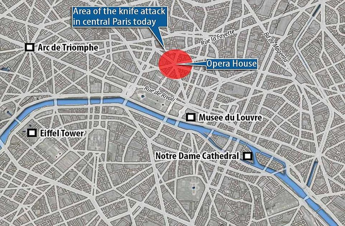 Theo Daily Mail, vụ đâm dao kinh hoàng ở Paris xảy ra tại quận Opera ở trung tâm thủ đô nước Pháp, gần nhà hát opera Garnier, vào ngày 12/5 (giờ địa phương). Ảnh: Daily Mail.