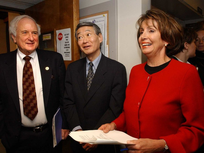 Bà Pelosi trở thành lãnh đạo phe thiểu số của Đảng Dân chủ tại Hạ viện Mỹ vào năm 2003. Bà là người phụ nữ đầu tiên dẫn đầu một đảng trong Quốc hội Mỹ.