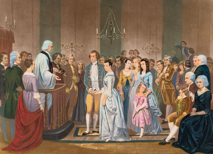 Tổng thống đầu tiên của nước Mỹ George Washington kết hôn với bà Martha Dandridge vào ngày 6/1/1759. Được biết, trong ngày trọng đại, cô dâu đã diện một chiếc váy màu xanh da trời và đi đôi giày lụa.