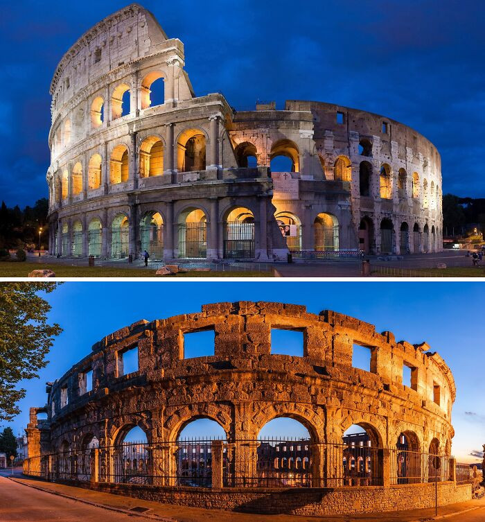 Đấu trường La Mã ở Rome, Italy, và Đấu trường Pula ở Croatia.