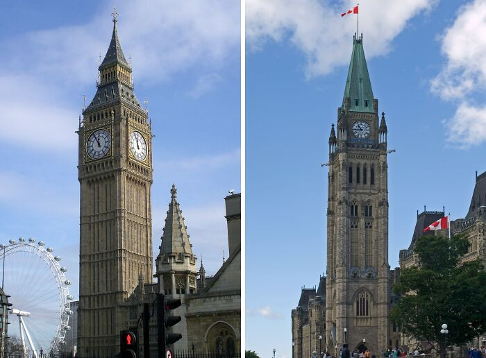 Tháp đồng hồ Big Ben (trái) ở London, Vương quốc Anh, và Tháp Hòa bình ở Ottawa, Canada.
