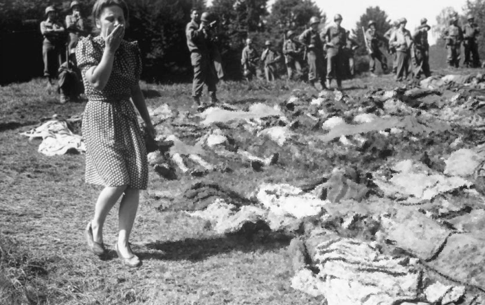 Ngày 17/5/1945, một cô gái Đức hoảng sợ khi đi qua thi thể những người bị lính SS giết hại tại Namering, Đức.
