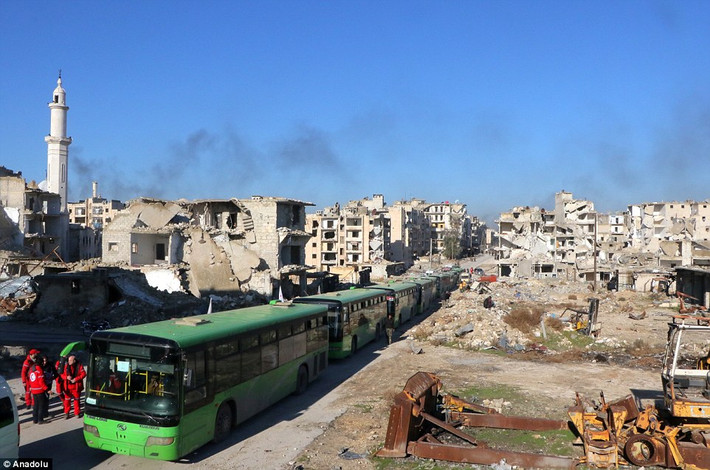 Đoàn xe tạm dừng tại quận Amiriyah, Aleppo.